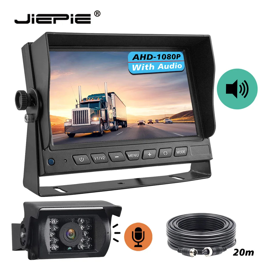 Truck Reverse Camera System with Sound, 7" AHD Monitor with Speaker Reversing 1080P Rear View Audio Camera Built-in Microphone