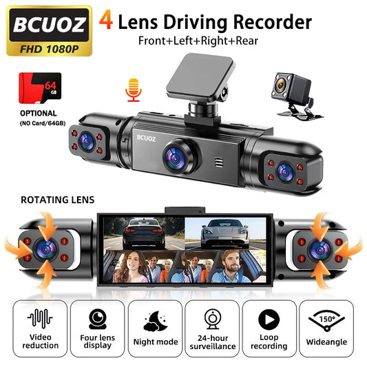 BCUOZ 4-Lens 360° Dashcam, 1080P Front + 720P Built-in Rear Left and Right car cameras, Super night vision, Loop recording, G-Sensor, WDR, 12-24V car plug power supply,Optional 64GB memory card.