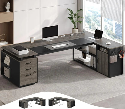 78" Executive Desk with Lockable File Cabinet, L Shaped Office Desk with Power Outlets, Large Executive Desk with, Customized