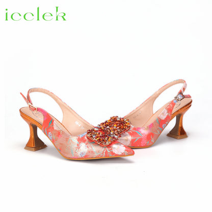 Newest Green Color Print Design High Heels Decorated with Water Rhinestone Party Women's Shoes and Bags Set