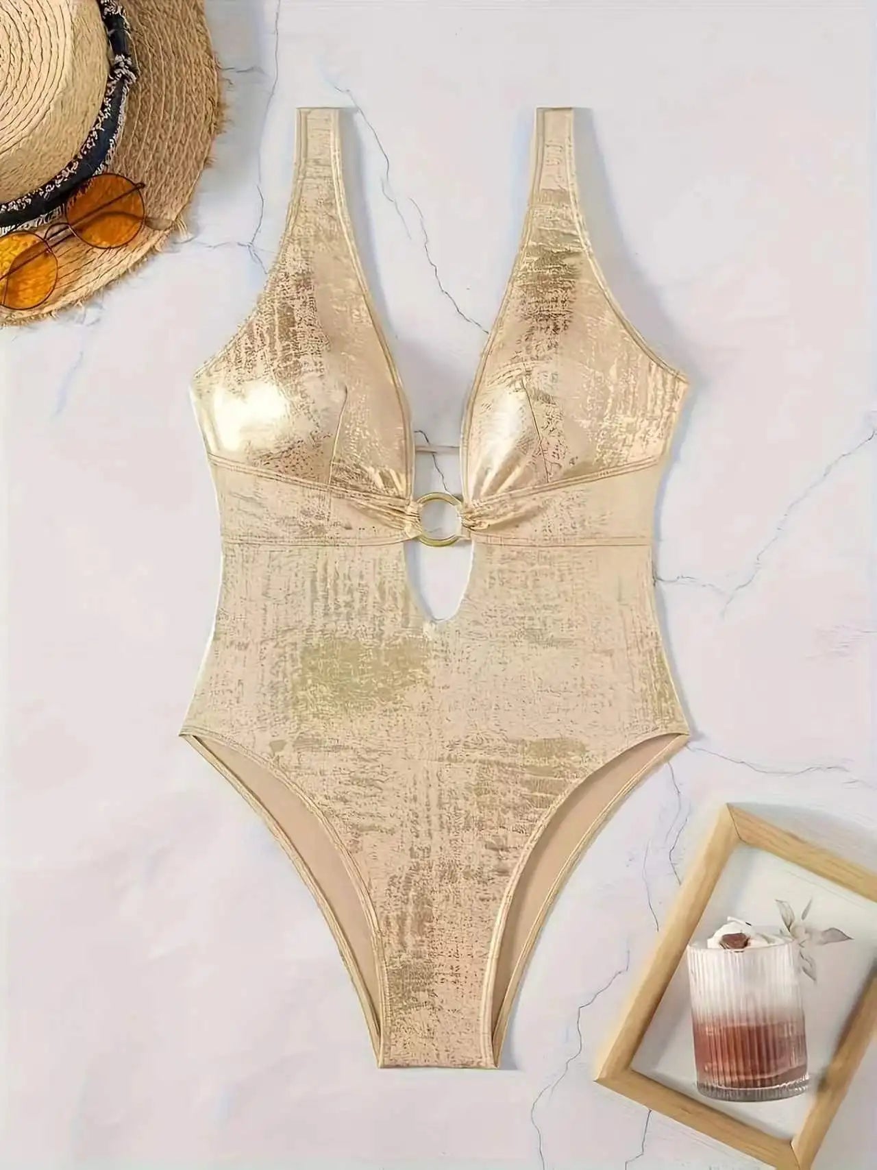 Shiny Metallic Gold One Piece Swimsuit Women Deep V Neck O-Ring Cutout High Cut Tummy Control Bathing Suit