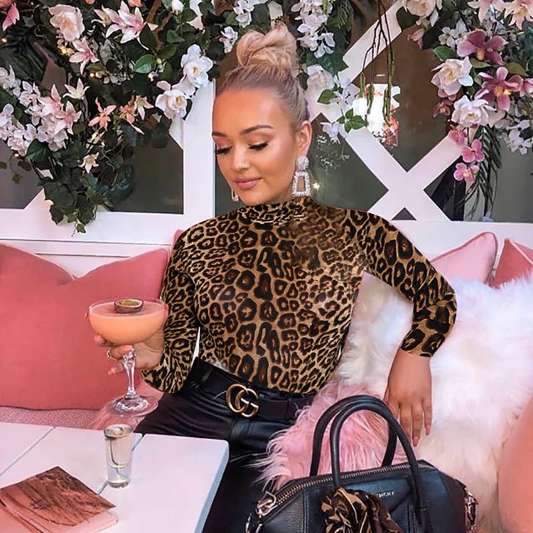 Slimming High Neck Long Sleeve Jumpsuit Fashionable Leopard Print for Women Autumn New Style plus Size  Suit