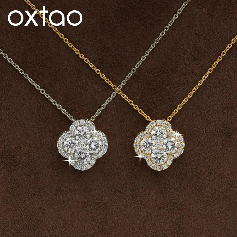 OXTAO Luxury Moissanite Four-leaf Necklace for Women D Color Flower Charm Pendant Necklace Wedding Jewelry Gift 14K Gold Filled