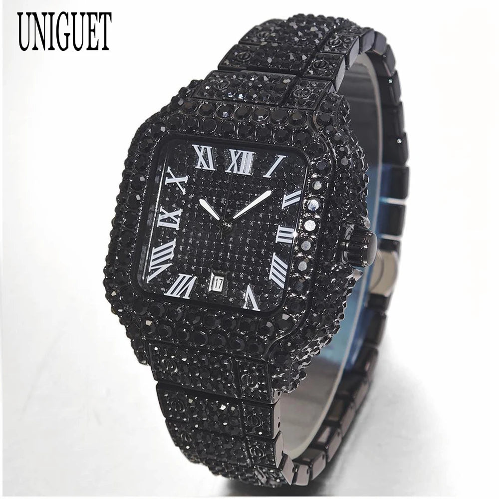 Cool Black Iced Watch For Man Fashion Brand UNIGUET Hip Hop Diamond Bling Bling Jewelry Square Wrist Watch Mens Dropshipping
