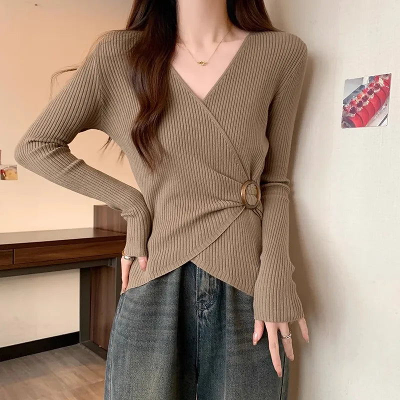 Women Wrap V Neck Ribbed Knit Top Metal Ring Buckle Flare Long Sleeve Slim Sweater