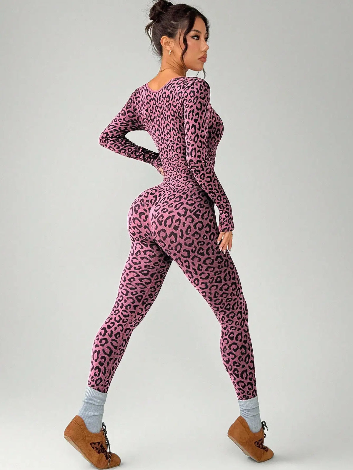 Women Leopard Print Tight Jumpsuit Slimming Hip Hugging Long Sleeve U Collar Stretchy