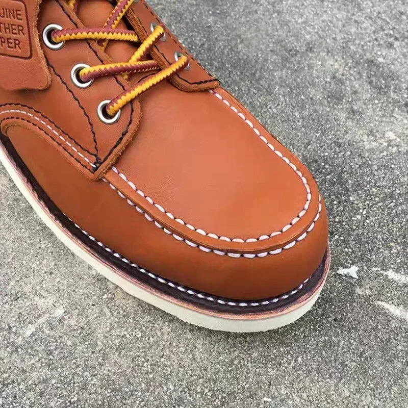 Men's Goodyear-Welted Vintage Genuine Leather Mid-calf Motorcycle Boots Round toe Casual Punk Dress Boots Work Shoes Western Red
