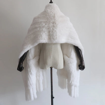 Winter Women Fashion Real Rabbit Fur Shawl 100% Natural Quality Rabbit Fur Scarf Female Hand Knitted Rabbit Fur Poncho Scarves