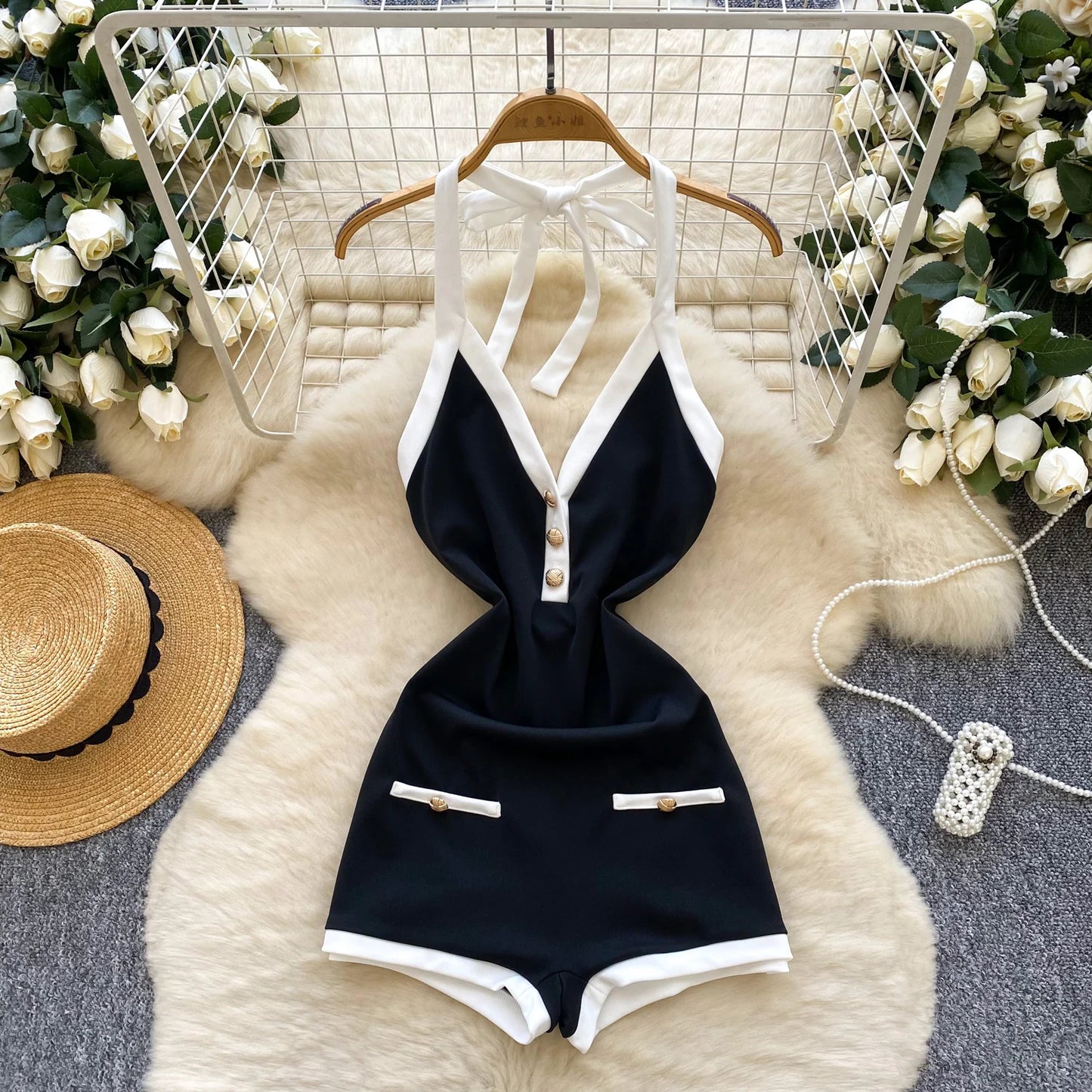SINGREINY Ins Beach Jumpsuits Ladies Halter Sleeveless Button Design Backless Bodysuits American Retro Solid OL Slim Playsuits