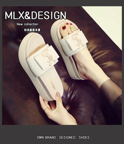2025 Summer New Women's Fashion Letter Designer Sandals Casual Thick Bottom Round Toe Leather Beach Shoes Женские Сандалии