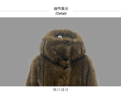 Nerazzurri Winter Short Oversized Thick Warm Shaggy Fuzzy Faux Fox Fur Coat Women Pockets Single Breasted Fluffy Hooded Jacket