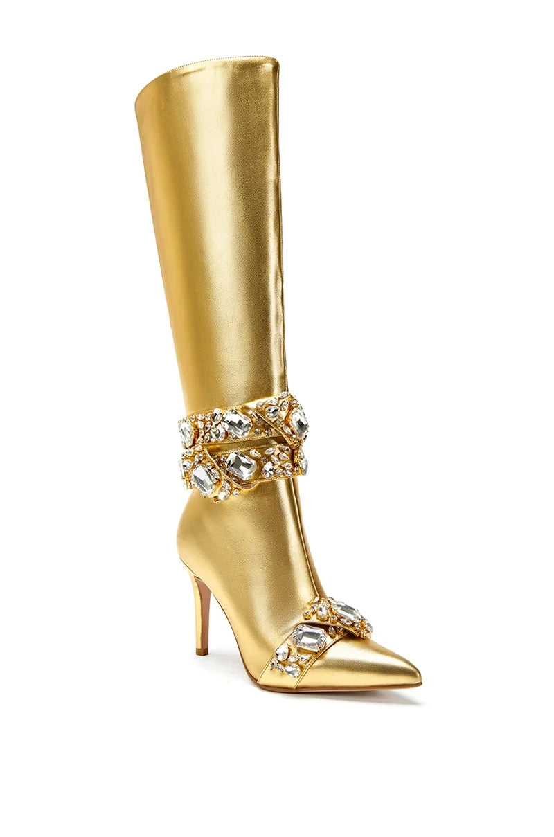 2025 Women's New Pointed Gold Crystal Buckle High Heel Slim Fit Boots Straight Tube Diamond Decoration Knee Long Boots 44