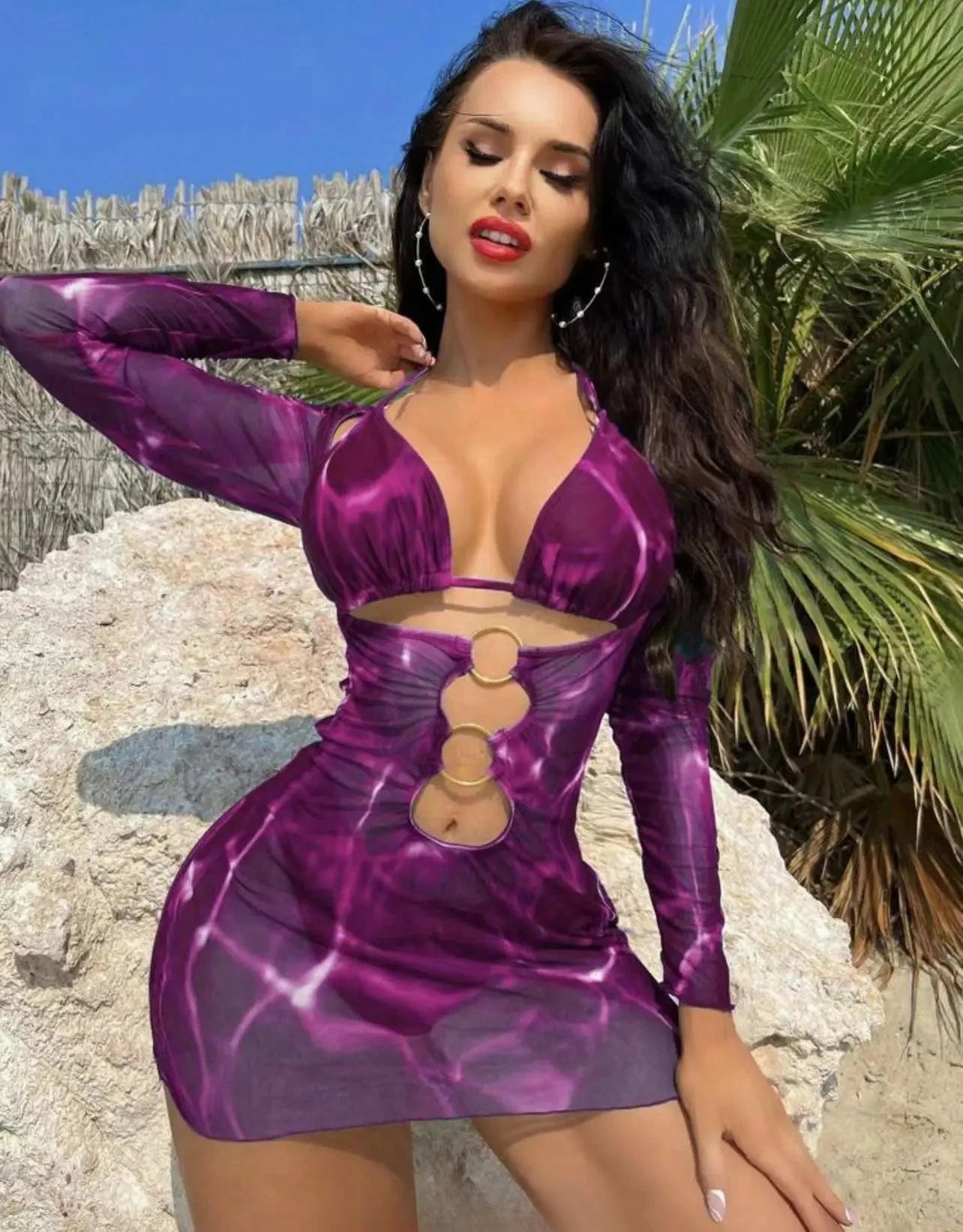 3 Piece Bikini Set Women Swimsuit Halter Cutout Metal Ring Mesh Cover Up Beach Dress Swimwear Bathing Suit