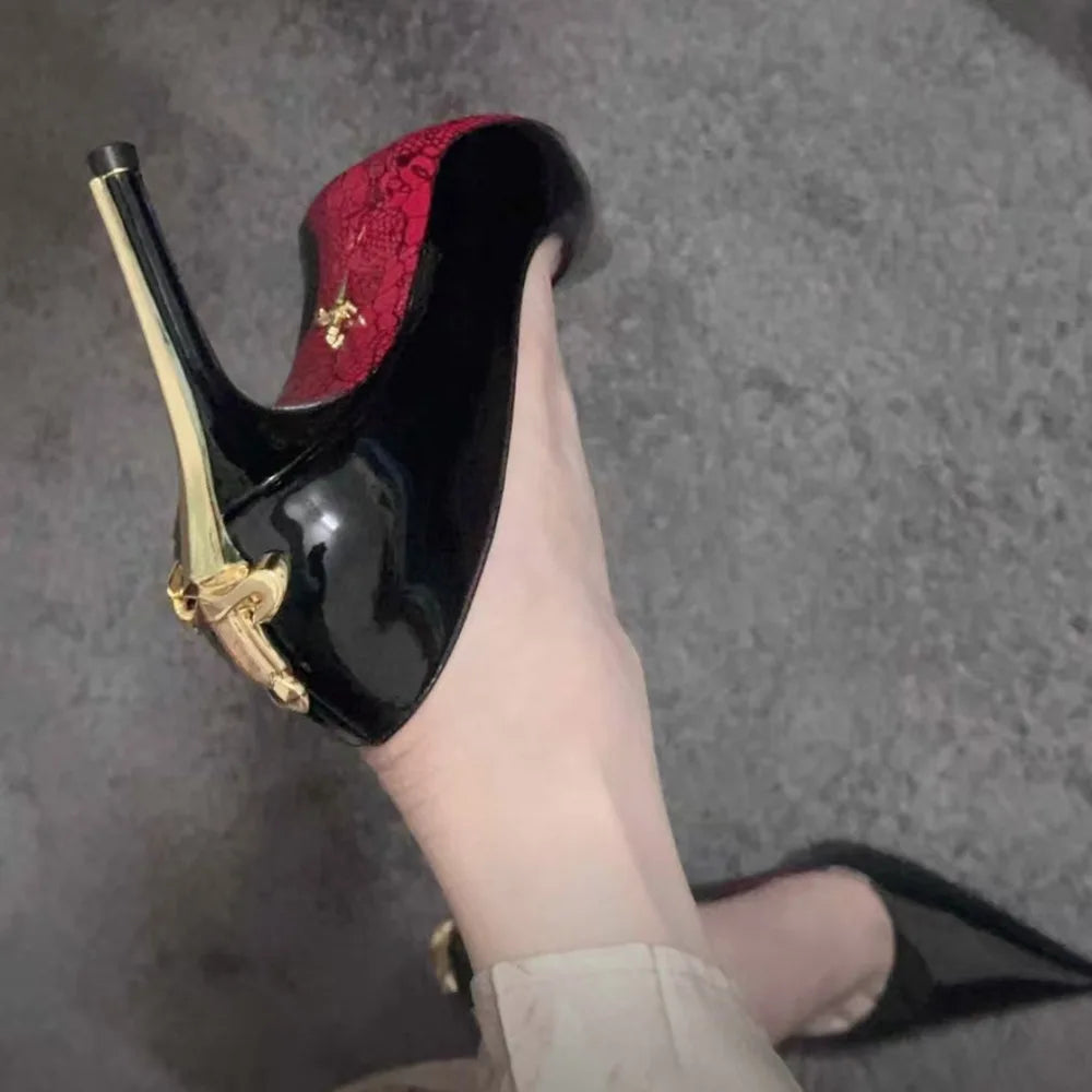 Early Spring New Women's High Heels, Slim Heels, Pointed Metal Sword, sexy Ladies, Black Patent Leather Single Shoes