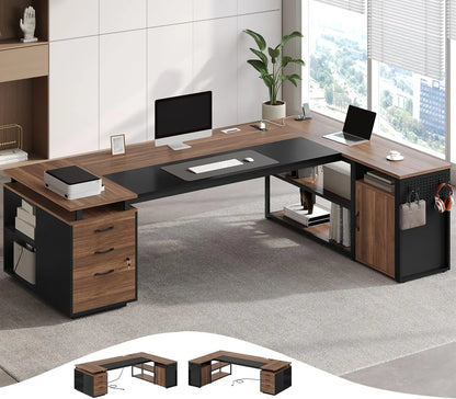 78" Executive Desk with Lockable File Cabinet, L Shaped Office Desk with Power Outlets, Large Executive Desk with, Customized
