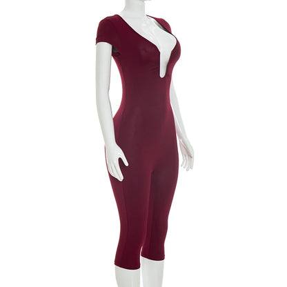 Solid Color Sexy Slim Fit and Slimming Chest U-Neck Jumpsuit, Versatile and Fashionable Jumpsuit Cropped Pants