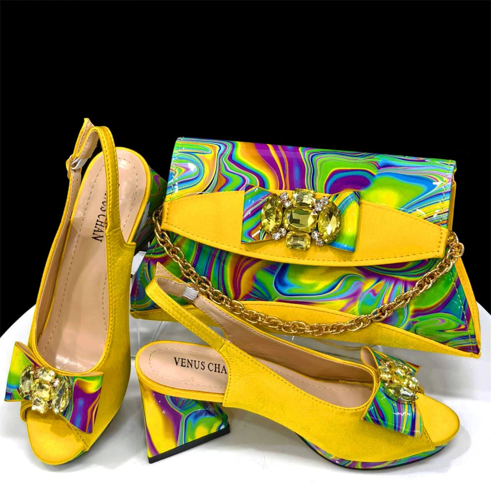 Venus Chan 2024 Fashion Purple Color Painted Rhinestones Elegant Peep Toe Sandals Shoes and Bag Set Italian Heels for Womens