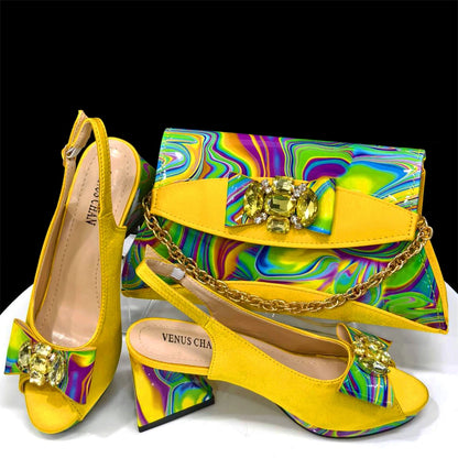 Venus Chan 2024 Fashion Purple Color Painted Rhinestones Elegant Peep Toe Sandals Shoes and Bag Set Italian Heels for Womens