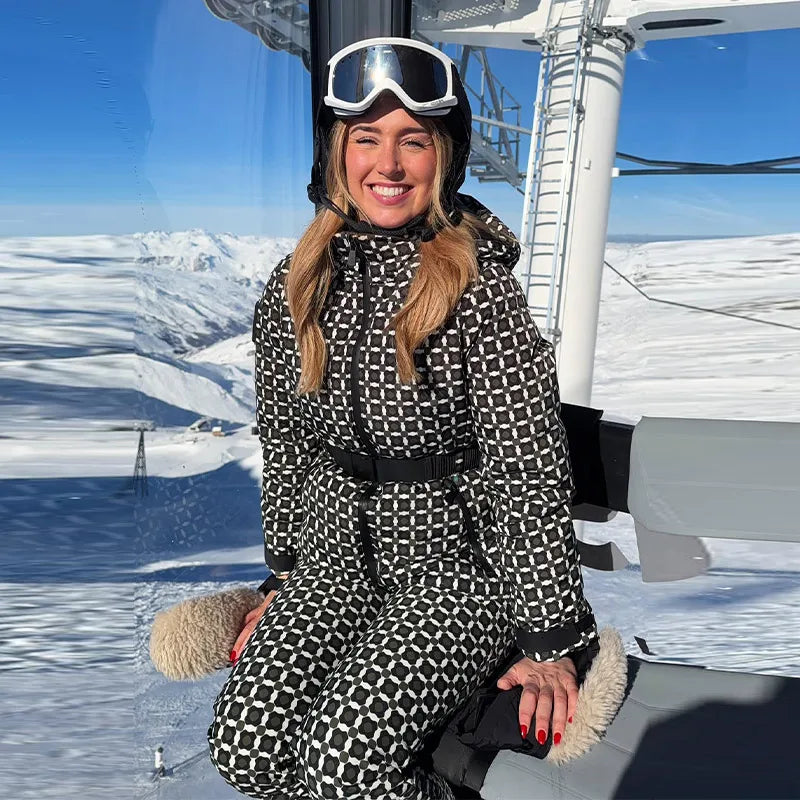 Faux Fur Patchwork Ski Jumpsuit Women Detachable Hoodie Long Sleeves Belts Zipper Warm Skiwear Female 2025 Winter Warm Rompers