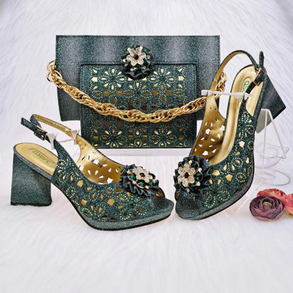 Mature Style Women Shoes and Bags Set 2023 Spring New Design Rose Gold Color Italian Sandals with Shinning Crystal for Party