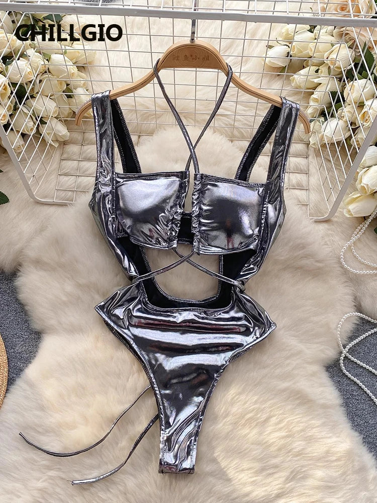 CHILLGIO Women Sexy Metallic Feeling Jumpsuits Skirts Clothing Sets Hollowed Bandage Halter Rompers Combi-pants Tight Bodysuits