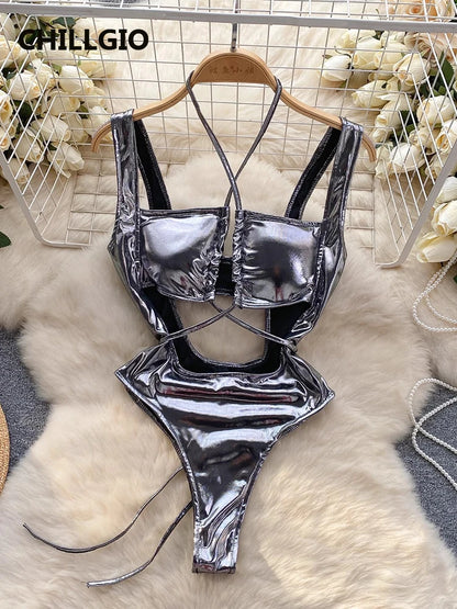 CHILLGIO Women Sexy Metallic Feeling Jumpsuits Skirts Clothing Sets Hollowed Bandage Halter Rompers Combi-pants Tight Bodysuits