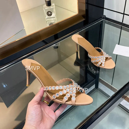 Summer 2026 Women's Pink Crystal High Heels Diamond-Encrusted Slim Heel Sandals for Outdoor Weddings Parties Fashionable Ladies'