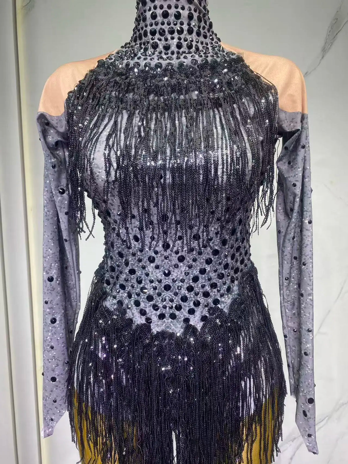 Sparkly Rhinestones Sequins Tassels Bodysuit for Women Sexy Performance Dance Costume Singer Dancer Leotard Show Stage Wear