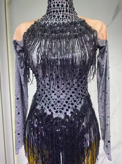 Sparkly Rhinestones Sequins Tassels Bodysuit for Women Sexy Performance Dance Costume Singer Dancer Leotard Show Stage Wear