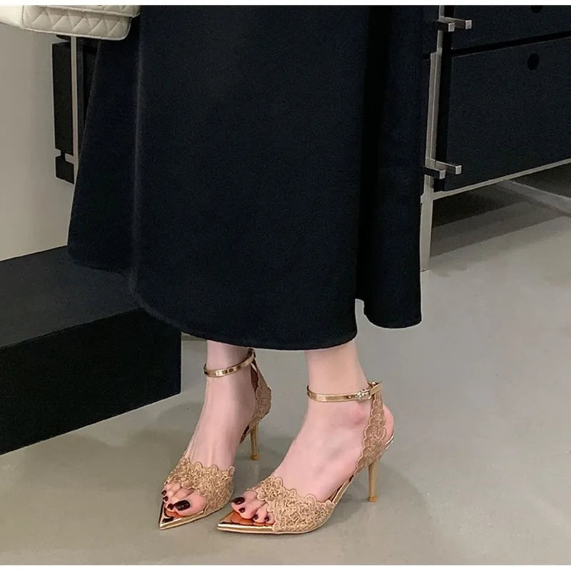 Luxury Lace Embroidery Ankle Strap Buckle Women Gladiator Sandals Elegant Thin High heels Summer Fashion Party Wedding Shoes