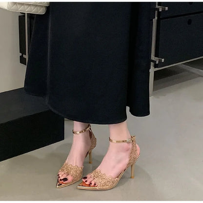 Luxury Lace Embroidery Ankle Strap Buckle Women Gladiator Sandals Elegant Thin High heels Summer Fashion Party Wedding Shoes