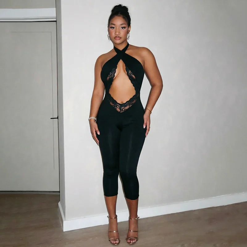 Sexy Lace Patchwork Bodycon Rompers Woman Jumpsuit Bandage Halter Sleeveless Backless Ruched Skinny Night Club Outfits Birthday