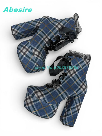 Blue Black Plaid Ankle Boots Platform Lace-Up Hollow Out chunky heels women's boots Sweet Cool Gothic Y2K Daily Wear Shoes