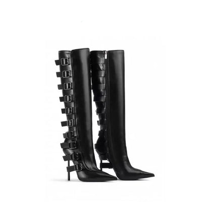New Belt Buckle Stiletto High Heels Knee Length Boots Autumn/Winter Women's Fashion Pointed Party 34-46 Large Medium Boots