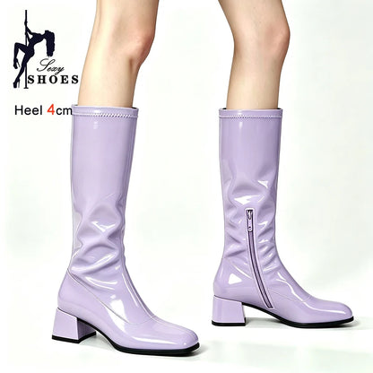 New Spring Autumn Wine Red Patent Leather Women Knee High Boots Block Heel 4cm Side Zipper Square Toe Pleated Ladies Boots Shoes