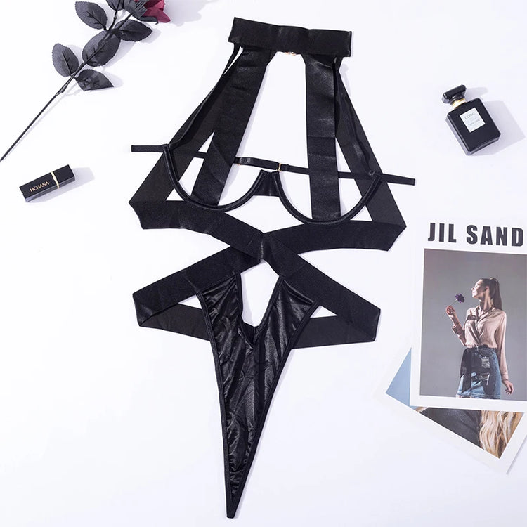 Black Halter Sexy Lingerie Women Bandage One Piece Bra Sets Erotic Costumes Teddy Baby Doll Dress Push Up Underwear Set Bodysuit