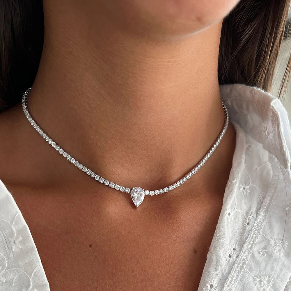 2mm Round Moissanite Riviera Tennis Necklace&Pear Cut Diamond Pendant Adjustable Choker for Women 925 Sterling Silver Jewelry