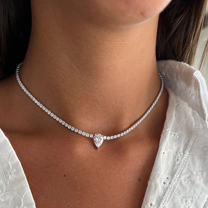 2mm Round Moissanite Riviera Tennis Necklace&Pear Cut Diamond Pendant Adjustable Choker for Women 925 Sterling Silver Jewelry