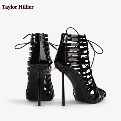 Black Hollow Lace-Up Sandals Pointed Toe Stiletto Back Zipper Breathable High Heel Women'S Boots Fashion Party Modern Boots 43