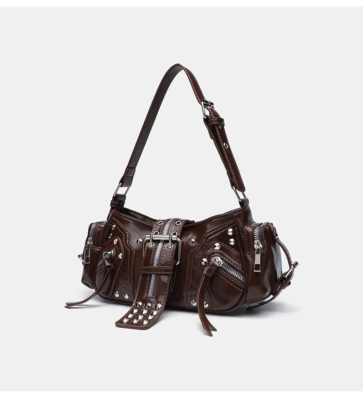 Women's Y2k Punk Vintage Shoulder Purse PU Leather Gothic Rivet Handbag Waist Bag Luxury Black Cross Body Bags with Spikes