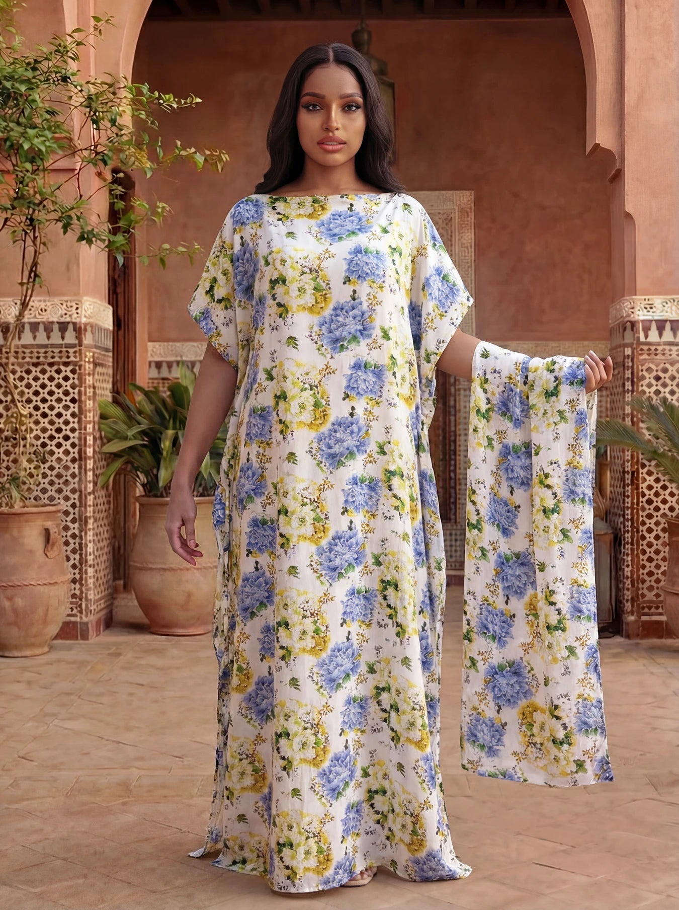Women's Long Shawl Dubai Fashion Print Design Silk Soft Summer Beach Party Dress Accessory Loose Fit African Abaya MOOMOO