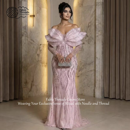 FableT Off Shoulder Long Sleeve Mermaid Evening Dress Beaded Tiered 3D Leaves Pink Women's Party Gowns Luxurious Long Prom Gown
