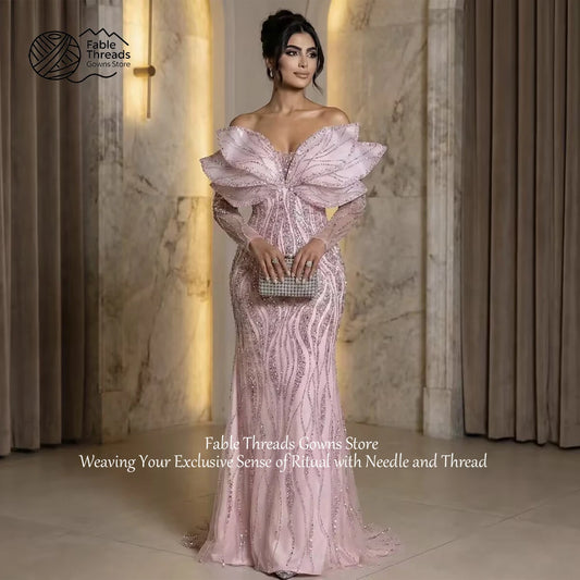 FableT Off Shoulder Long Sleeve Mermaid Evening Dress Beaded Tiered 3D Leaves Pink Women's Party Gowns Luxurious Long Prom Gown