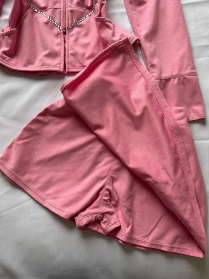 Y2K Pink High Waist Mini Skirt with Rhinestone Heart Juicy Logo Bow Soft Velour A-line Preppy Kawaii Streetwear for Women