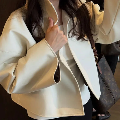Women Cropped PU Leather Jacket Stand Collar Wide Flare Sleeve Asymmetrical Wrap Open Front Coat 2026 Autumn Chic Loose Jackets