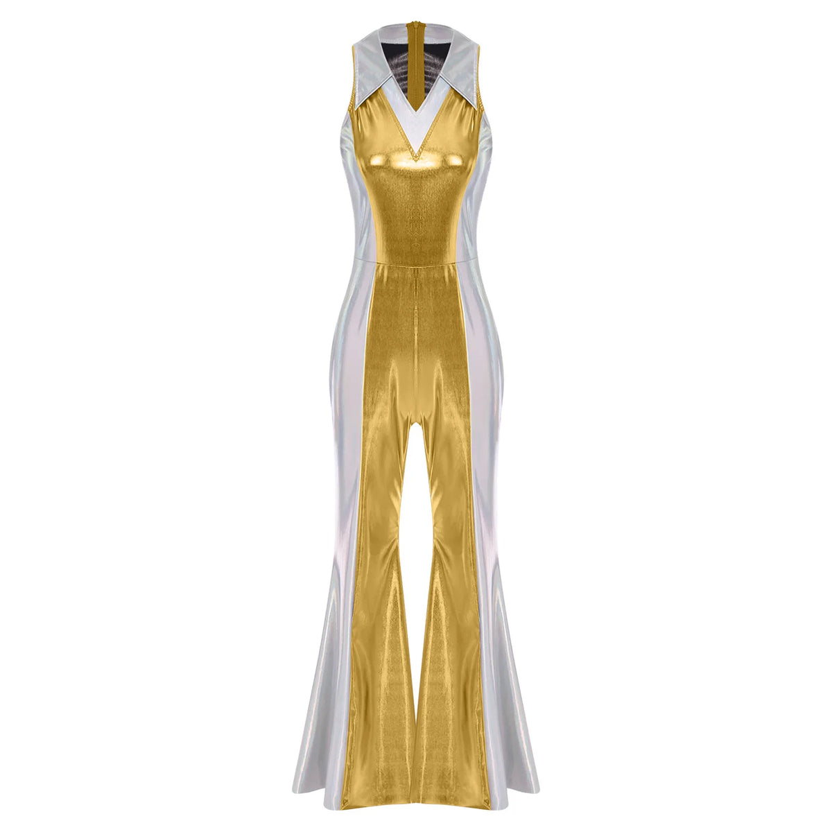 70s 80s Disco Costume Women's Streetwear Jumpsuit Shiny Clubwear Flared Long Pants Rompers Flares Metallic Hippie Party Outfit