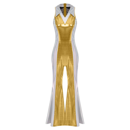 70s 80s Disco Costume Women's Streetwear Jumpsuit Shiny Clubwear Flared Long Pants Rompers Flares Metallic Hippie Party Outfit