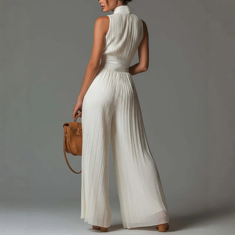 Sexy Deep V Neck Hollow Zip Jumpsuit Women's Spring Solid High Waist Wide Leg Romper Summer Sleeveless Pleated Vacation Overalls
