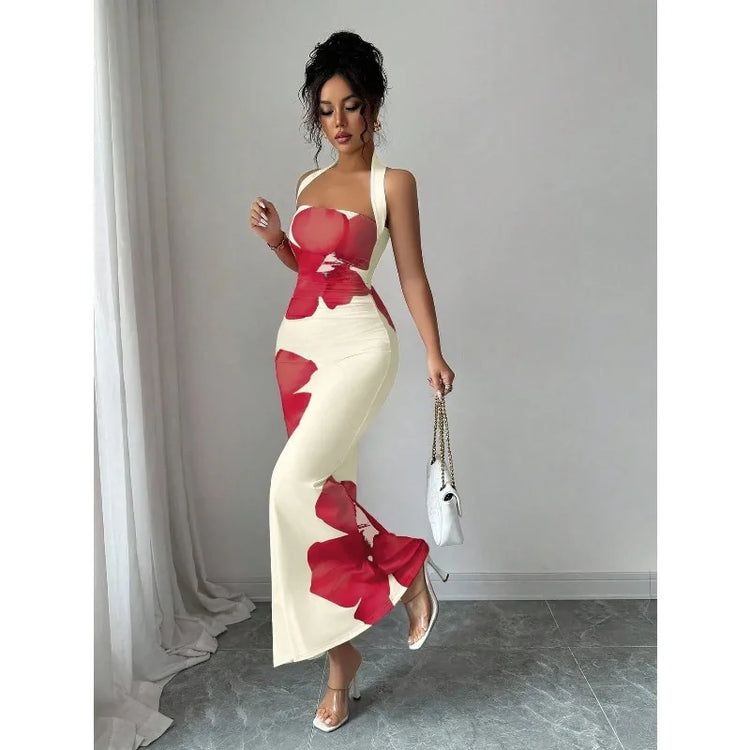 Women's 2026 New Popular Neck Halter Long Dress Hip-wrapped Printed Dress White Dress Birthday Dress for Women Summer Dress