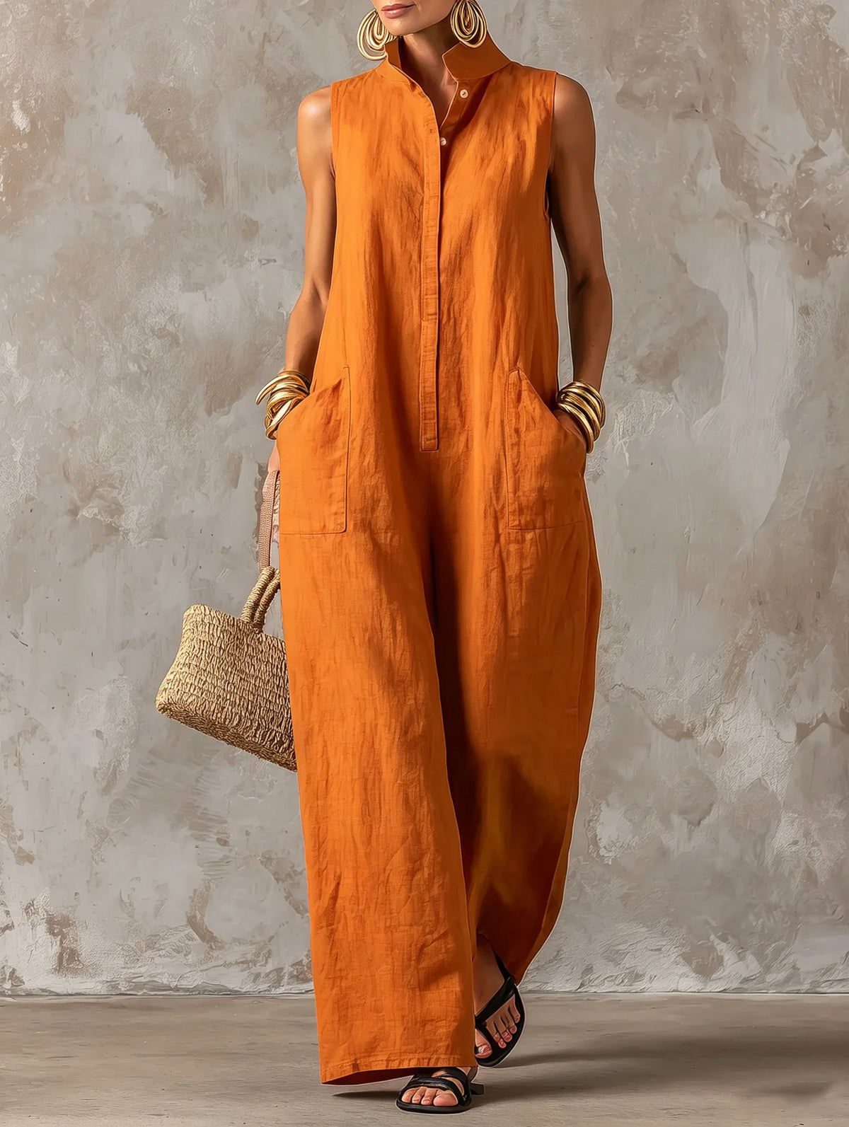 Women Linen Sleeveless Jumpsuit Stand Collar Button Down Wide Leg Long Romper Casual Loose Pockets Vacation Overalls